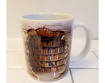 3D Hole in the Wall Coffee Mug Cup Library Bookshelf Scene 11 oz