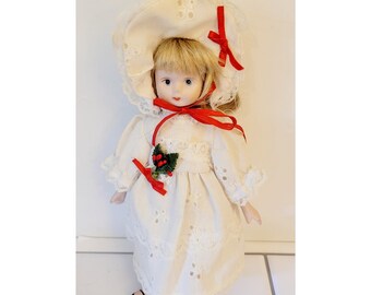 Vintage Porcelain Doll 9.5" Red Holiday Eyelet Holly Berries White Dress