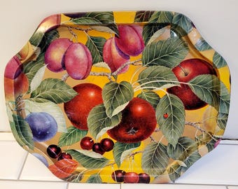 Metal Bertels Can Decorative Apple Tray Ladybug Plum Cherries Vintage