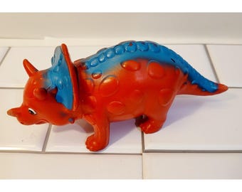 Vintage Triceratops Dinosaur Figure Plastic Rubber PVC Colorful Red Blue