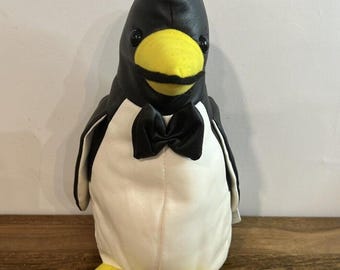 Vintage Bow Tie Penguin Plush Toy, 1990s Faux Leather