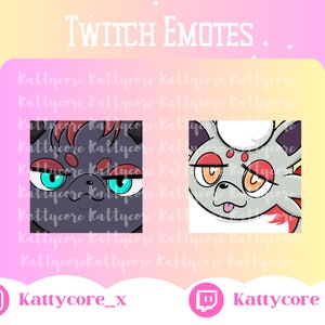 Puede incluir: Dos emotes de Twitch de animales de dibujos animados. El primer emote es un gato negro y gris con detalles rojos y azules. El segundo emote es un gato gris y blanco con detalles rojos y naranjas. El texto "TWITCH EMOTES" está en la parte superior de la imagen. El texto "Kattycore_x" está en la parte inferior izquierda de la imagen. El texto "Kattycore" está en la parte inferior derecha de la imagen.
