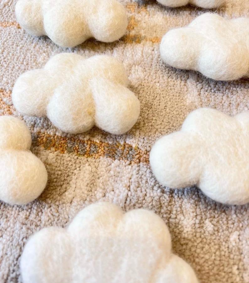 Fluffy white felt clouds x1 cloud, 100% wool felt clouds for creative play, baby bedroom mobiles, newborn baby photo shoots image 3