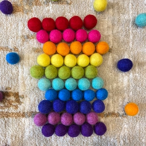 Rainbow Mix 1.5cm felt ball pom poms 100% wool, natural dyes used only. For garland making, DIY craft projects, pride decor
