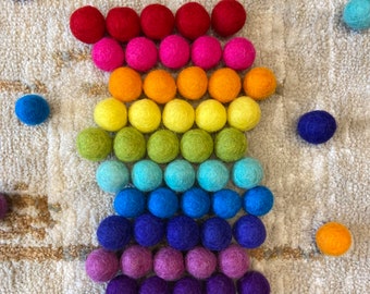 Rainbow Mix 1.5cm felt ball pom poms 100% wool, natural dyes used only. For garland making, DIY craft projects, pride decor