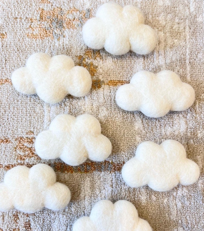 Fluffy white felt clouds x1 cloud, 100% wool felt clouds for creative play, baby bedroom mobiles, newborn baby photo shoots image 1