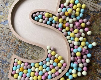 Bespoke, Made to Order - wooden fillable Letters/Numbers with customisable felt ball pom-poms