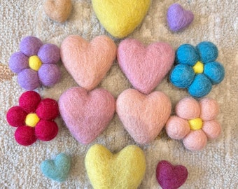 14pc felt ball pom pom flowers & felted hearts package ideal for making buntings, garlands, DIY crafts and decorating gift hampers
