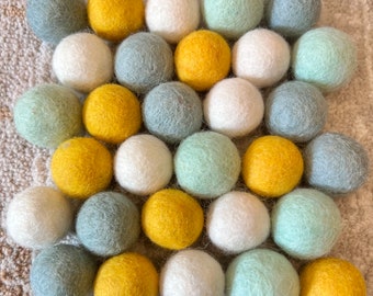 Light sage green, light grey, mustard wool felt ball mix, 2.5cm in size