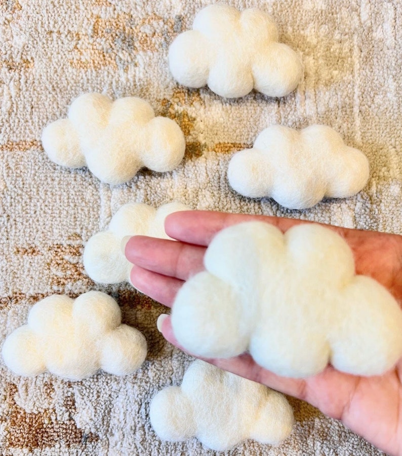 Fluffy white felt clouds x1 cloud, 100% wool felt clouds for creative play, baby bedroom mobiles, newborn baby photo shoots image 2