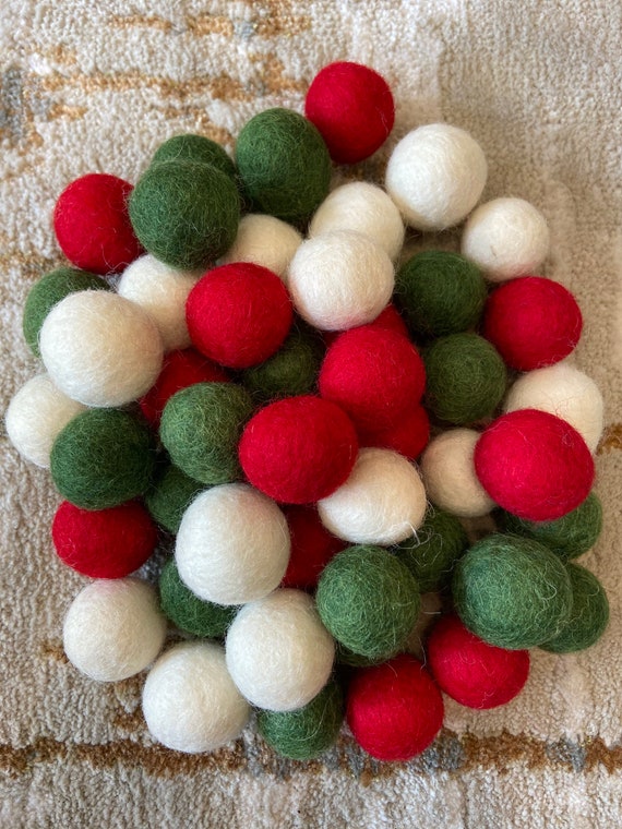 Red, Green & White Christmas Pom Pom Felt Ball Baubles (2.5cm) for bunting, decoration, eco-friendly tinsel, wreath making and tree decor