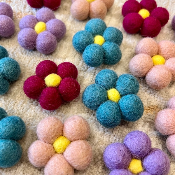 Handmade Felt Ball Pom Pom Spring Flowers, approx 4-5cm in size for bunting decor, floral displays, gift hampers, baby mobiles