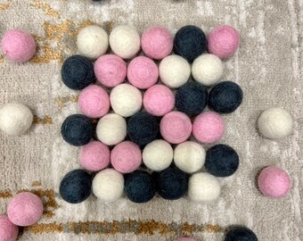 Dark Grey, White & Baby Pink Felt Ball Pom Pom Mix, 2.5cm balls in 100% Wool