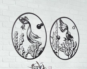 Creative Aquarium Wall Art, 2 Piece Submarine Metal Wall Art, Sea Creatures, Fish Sign, Cute Kids Room Decoration, Lake House Decor