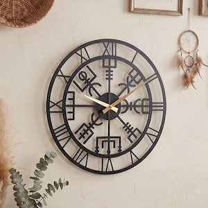 Horloge murale Viking Vegvisir : grande oeuvre d'art murale en métal noir