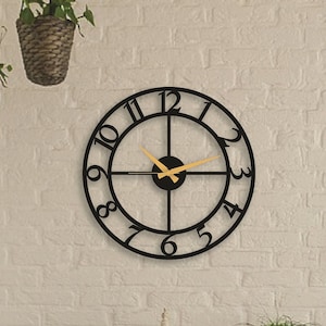 May include: Black metal wall clock with Roman numeral markings and gold-colored hands. The clock is hanging on a white brick wall.