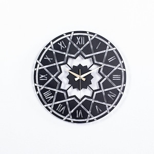 Oversized Round Metal Wall Clock, Large Silent Office Clock, Polygonal Roman Number Wall Art, Industrial Star Design Decor