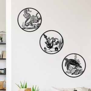 Metal Fish Sea Horse Caretta Wall Art Set of 3, Sea Wall Sign, Aquarium Living Room Indoor Outdoor Beach Garden Wall Decors, His & Her Gift