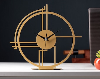 Gold Tabletop Minimalist Lineal Circle Metal Slient Clock, Diameter 9.8 Inches/25 cm Unique Desk clocks, Housewarming Gift, Her & His Gift