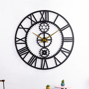 Gears Metal Large Roman Number Slients Modern Wall Clock, Unique Wall Clock, Large Wall Clock, Oversized Wall Clock, Metal Wall Clock