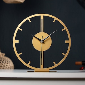 Tabletop Linear Metal Clock, Gold Desktop Silent Clock, Unique Desk Circle Decor, Modern Home Office Art, Minimalist House Design