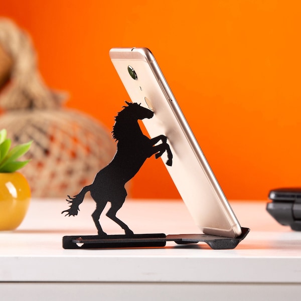 Custom Metal Telephone & Tablets Holder for Table Top, Horse Bending Metal, Western Style Mobile Phones Stand Decor, Desk Holder Accessory
