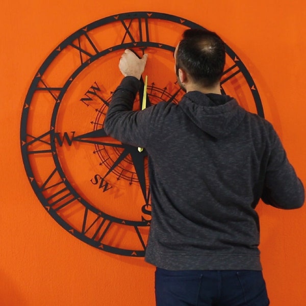 100 CM / 39 Inches Metal Black Compass Roman Number Slient Oversize Wall Clock, Office Decor, Livingroom Decor, Horloge Murale, Her Gift