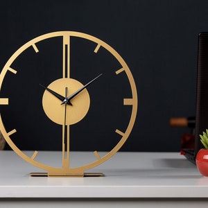 Tabletop Linear Metal Clock, Gold Desktop Silent Clock, Unique Desk Circle Decor, Modern Home Office Art, Minimalist House Design