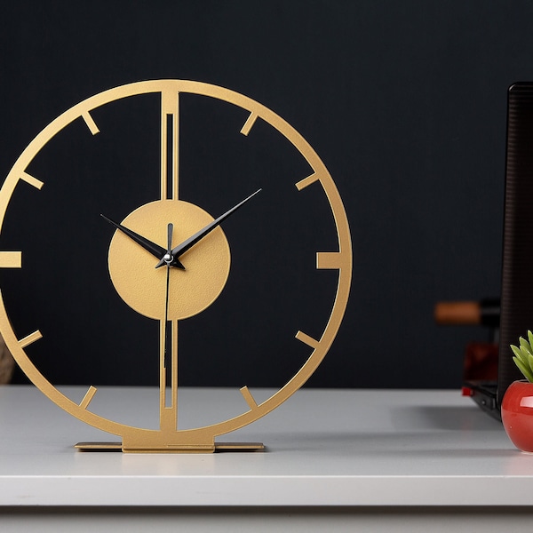 Horloge en métal linéaire de table, horloge silencieuse de bureau d'or, décor unique de cercle de bureau, art moderne de bureau à la maison