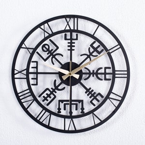 Metal Vegvisir Wall Clock: Black Viking Art, Nordic Decor