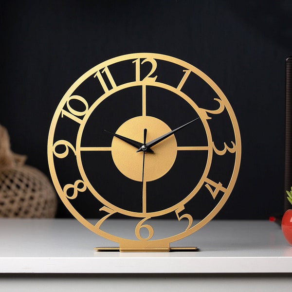 Gold Tabletop Classic Metal Slient Clock, Diameter 9.8 Inches/25 cm Unique Desk clocks, Teacher Lawyer Housewarming Gift, Her & His Gift