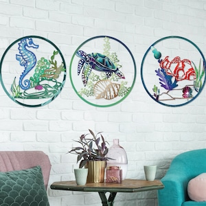 Colorful Metal Aquarium Wall Decor, Creative Sea Creatures Art Set of 3, Steel Wall Hangings, Nature Artwork, Outdoor & Indoor Decoration