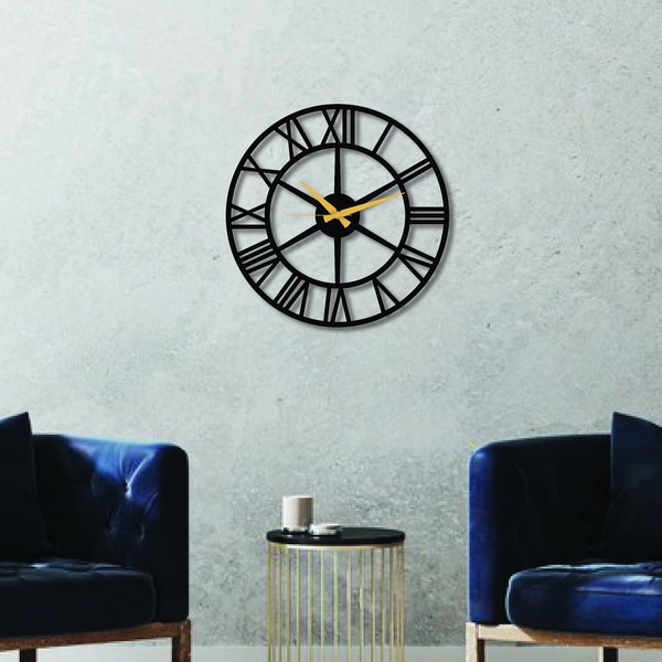 Metal Wall Clock with Roman Numerals, Modern Silent Large Clock, Unique Design Home Art Accessory, Horloge Murale Decor Gift