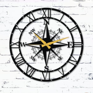 Metal Wall Clock: Black Roman Numeral Compass Farmhouse Decor