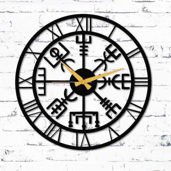 Vegvisir Viking Wall Clock, Large Wall Clock, Modern Wall Clock, Unique Wall Clock, Vegvisir Wall Clock, Metal Wall Clock, Black Wall Clock