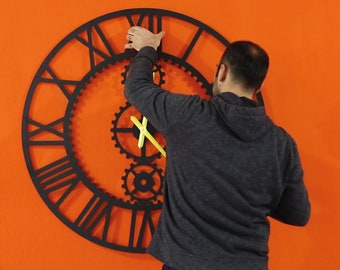 100 CM & 39 Inches Gears Metal Large Roman Number Slients Wall Clock, Oversize Office Wall Art, Home Decoration, Livingroom Decor, His Gift