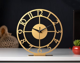 Gold Tabletop Classic Metal Slient Clock, Diameter 9.8 Inches/25 cm Unique Desk clocks, Teacher Lawyer Housewarming Gift, Her & His Gift