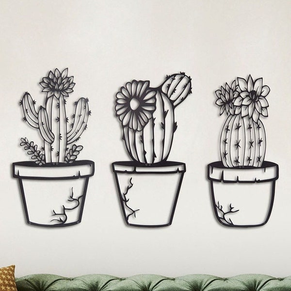 Cactus in Triple Pot Metal Wall Art, 3 Pieces Metal Wall Decors, Cactus Signs, 3D Indoor Decoration, Farmhouse Decoration, Gift for Her, Him