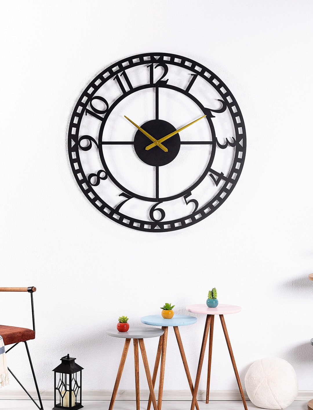 XXL Black Metal Wall Clock, Latin Number Clock, Large Modern Unique