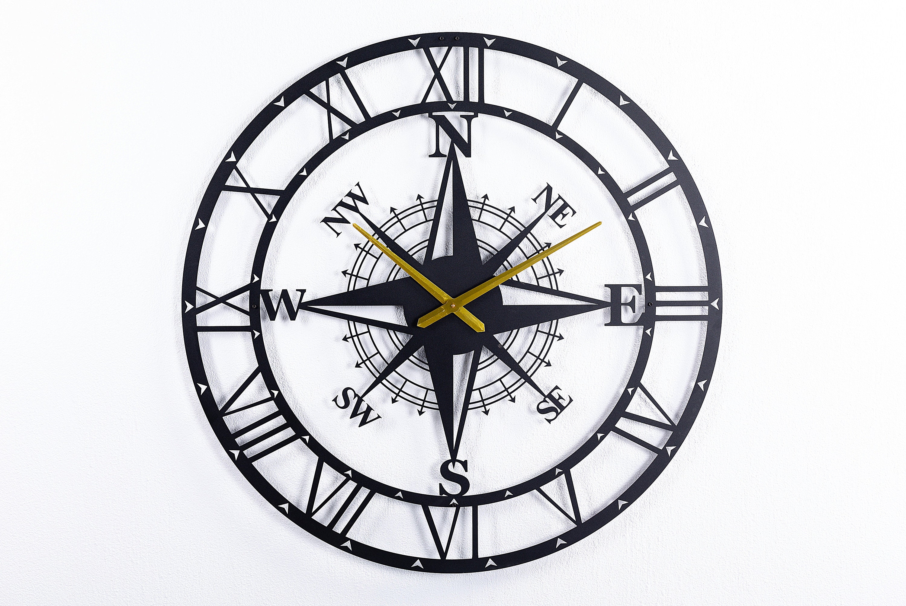 100 CM / 39 Inches Compass Metal Black Wall Clock, Large Wall Clock, Modern Unique Wall Clock, Oversized Outdoor Clock, Home Office Clock