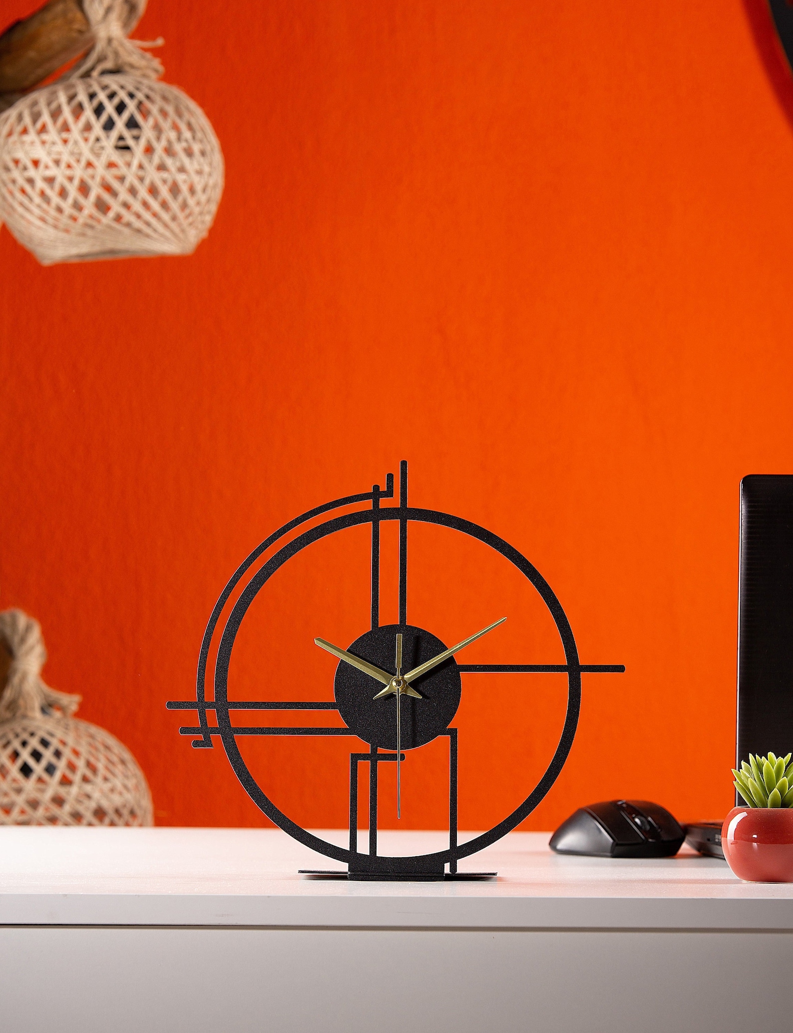 Tabletop Metal Clock With Geometric Style, Silent Bedroom Clock, Unique