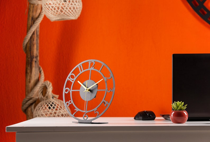 Desktop Classic Metal Clock with Latin Number, Silent Mechanism, Minimalist Metal Artwork, Desk Tidy, Unique Interior Decoration Gift image 7