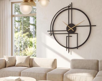 Reloj de pared metálico extragrande: diseño geométrico moderno, movimiento silencioso.