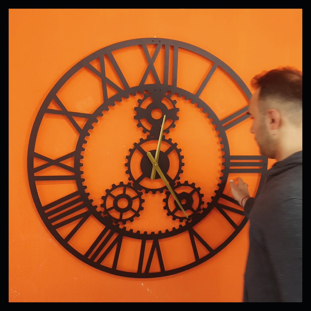 Oversized Metal Clock With Gears Details, Roman Number Slients Wall