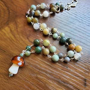 Faerie Circle - Fancy Jasper Rosary Chain Mushroom Necklace
