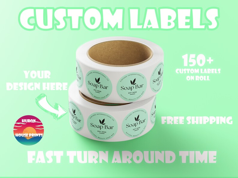 150 Labels on Roll Gloss Weatherproof Labels Your Design Logo FREE FAST