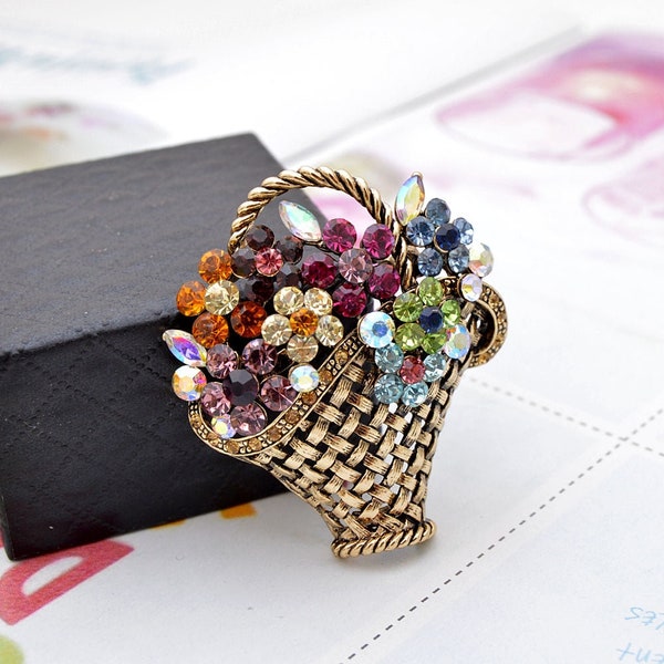 Retro Women Multicolored Rhinestone Flower Basket Brooch Vintage Colorful Spring Floral Basket Brooch Cute Vintage Girls Jewelry Accessories