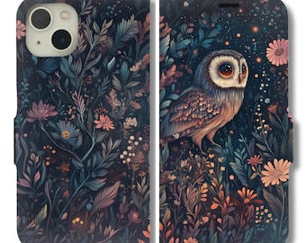 Whimsical Owl in Enchanted Forest Wallet Flip Card holder Case Iphone 16 15 14 13 Mini Pro Max Samsung Galaxy S24 S23 S22 21 20 Plus Ultra