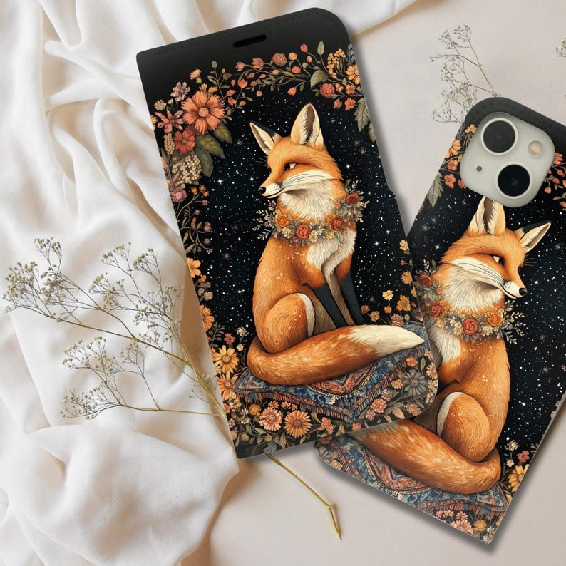 Enchanted Fox Under Moonlight Floral Wallet Flip Card Holder Case