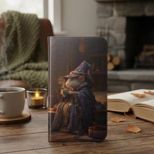 May include: A phone case featuring a whimsical illustration of a white rat dressed as a wizard, holding a cup of tea. The rat wears a purple robe and hat, set against a warm, cozy interior with a fireplace and open book.